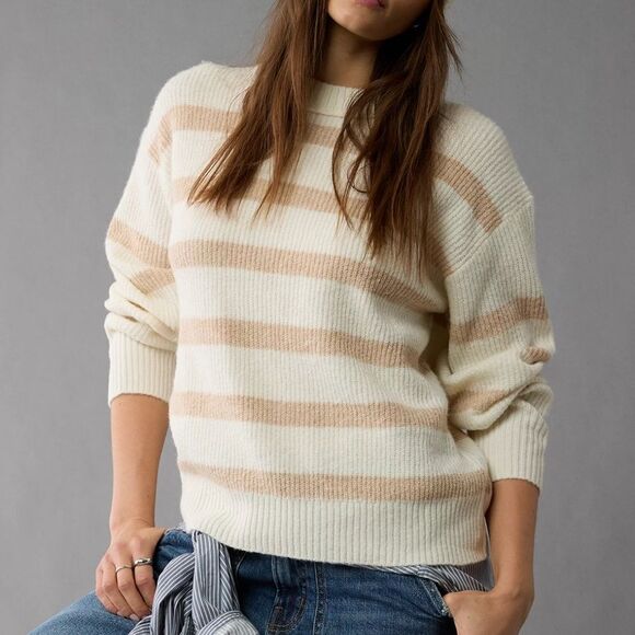 AE S-XXL Whoa So Soft Crewneck Relaxed Knit Cream Tan Stripe Sweater - Picture 1 of 16